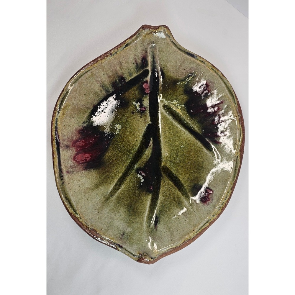 VTG Takahashi Pottery Leaf Plattter Green Glaze Purple Accents Art Pottery Tray